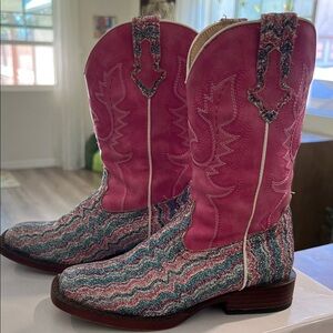 Roper Kids Pink Glitter Chevron Square Toe Cowgirl Boots size 13